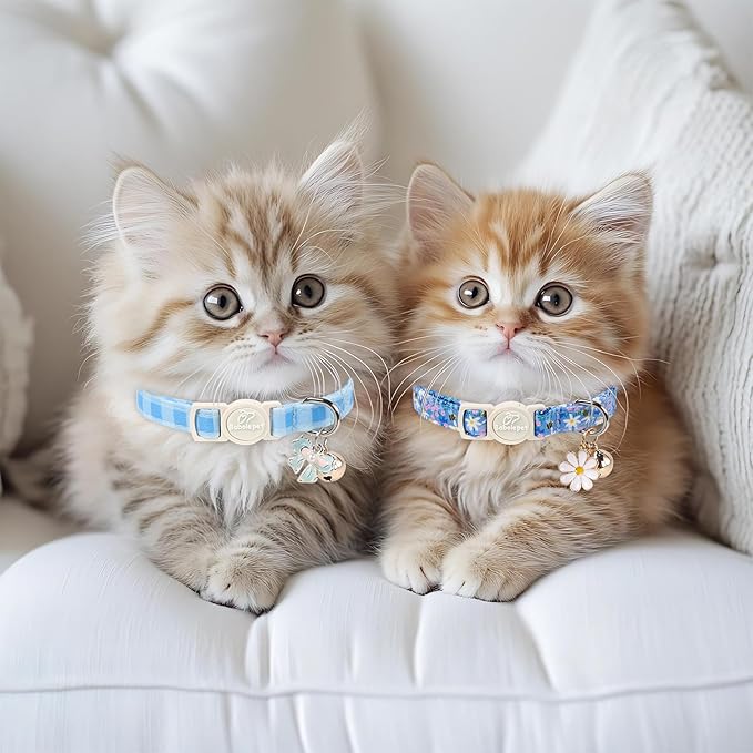 2 Pack Cute Cat Collars - Blue Plaid & Floral Breakaway Cat Collars, Adjustable Boy Girl Kitten Safety Collar for Small Dogs Puppy, Everyday Pet Collar with Bell & Pendant