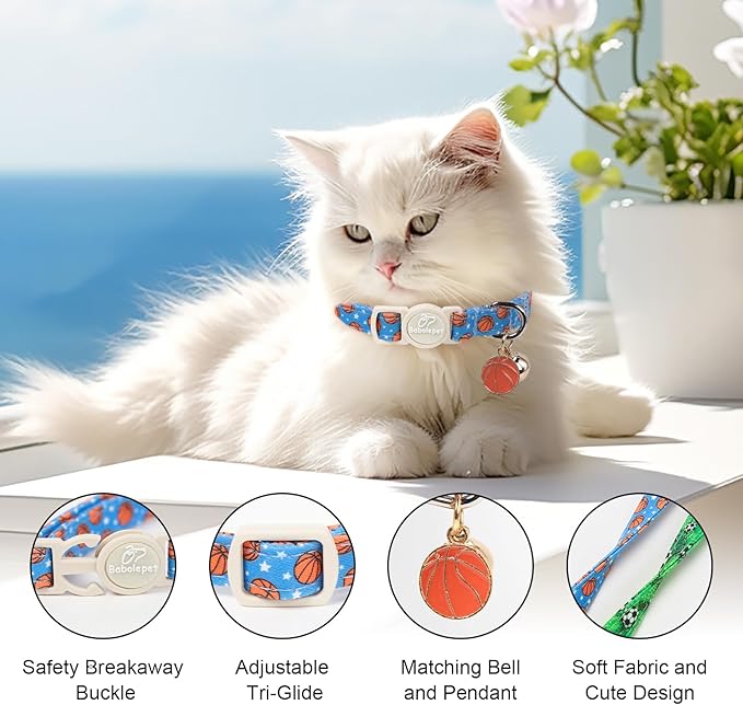 2 Pack Boy Cat Collars - Green Soccer & Blue Basketball Breakaway Cat Collars, Adjustable Boy Kitten Safety Collar for Small Dogs Puppy, Cute Pet Collar with Bell & Pendant