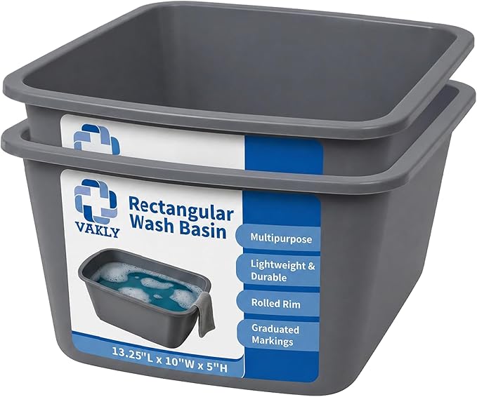 Vakly Wash Basins – Rectangular Plastic Hospital Bedside Soaking Tub (Pack of 2) Small 7 Qt Graduated Bucket - Portable Washbasin for Washing, Cleaning, Foot Bath, Dishes, Face Cleansing Bowl