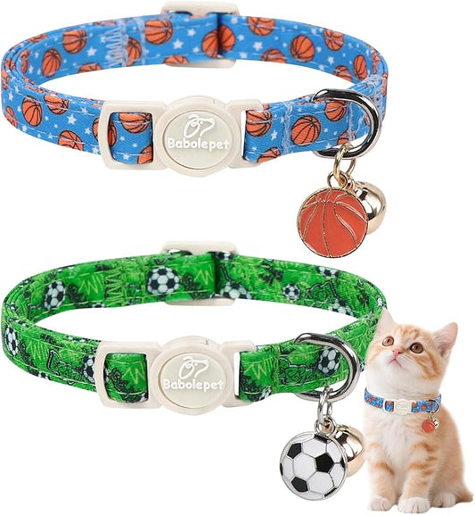 2 Pack Boy Cat Collars - Green Soccer & Blue Basketball Breakaway Cat Collars, Adjustable Boy Kitten Safety Collar for Small Dogs Puppy, Cute Pet Collar with Bell & Pendant
