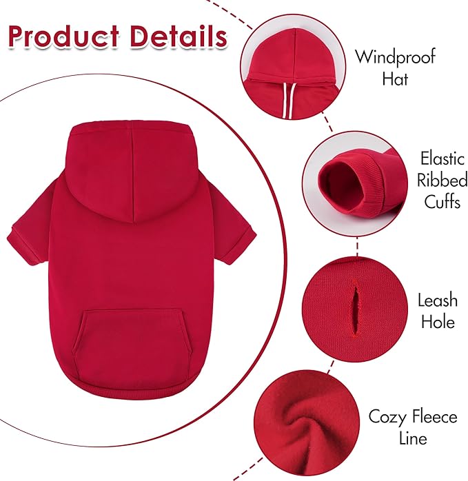 Dog Basic Hoodie Soft Dog Clothes Cold Weather Sweaters for Medium Large Dogs Cozy Fabric Warm Sweatshirt with Leash Hole for Boys (Red, X-Small (2-5 lbs))