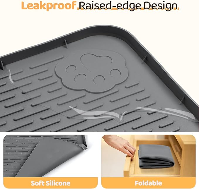Dog Food Mat, Extra Large 40" x 40" Silicone Pet Feeding Mat with Raised Edge Pet Placemat for Small, Medium, and Large Pets Non-Slip, Easy to Clean (Dark Grey)