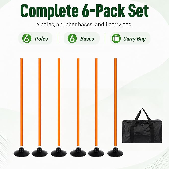 6 Pack Soccer Agility Training Poles, 5 FT Adjustable Speed and Agility Training Equipment for Football/Basketball/Dog Practice, Bending Poles for Horses with Rubber Bases and Carry Bag