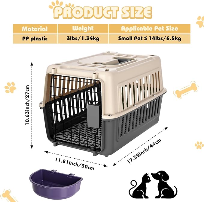 2 Set Hard Plastic Pet Carrier Breathable Dog Cat Kennel with Metal Door Bowl Grille Mat Pet up to 14 Lbs Carrier for Walking Camping Vet Visits Travel, 17.3"L x 11.8"W x 10.6"H(Gray White)