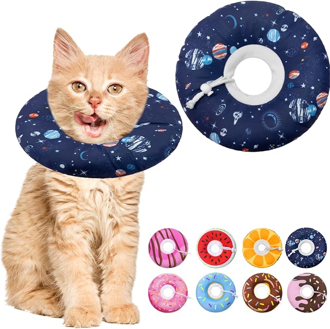 Seyezo Cat Cone Collar Soft, Adjustable Cat Cones to Stop Licking, Donut Kitten Spay Recovery Cone After Surgery, Elizabethan Protective Cone Recovery Cats Collar Alternative(Planet, S)