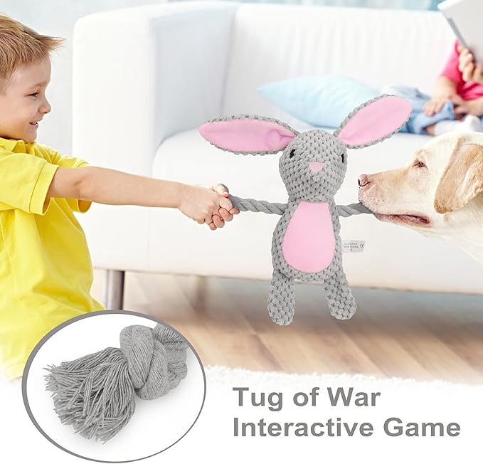 Dog Toys, Dog Squeaker Toys with Crinkle Paper, Stuffed Animal Dog Plush Chewing Toy, Cotton Rope Interactive Toys for Puppy, Small, Middle Dogs (Gray Rabbit)