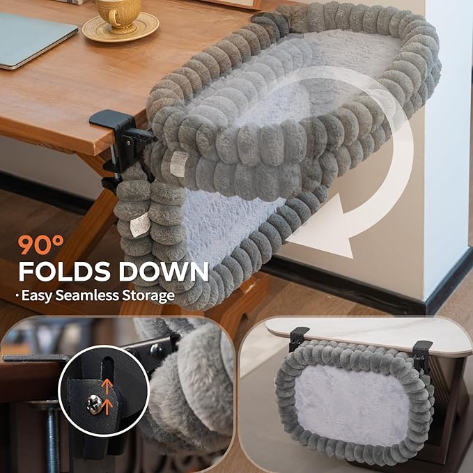CHEERPALS Cat Desk Bed with Reversible Cushion, 90°Foldable Cat Hammock for Desk Mounted Removable & Washable, Suitable for Medium-to-Large Cats and Puppy, Cloud Series(Grey, Medium)
