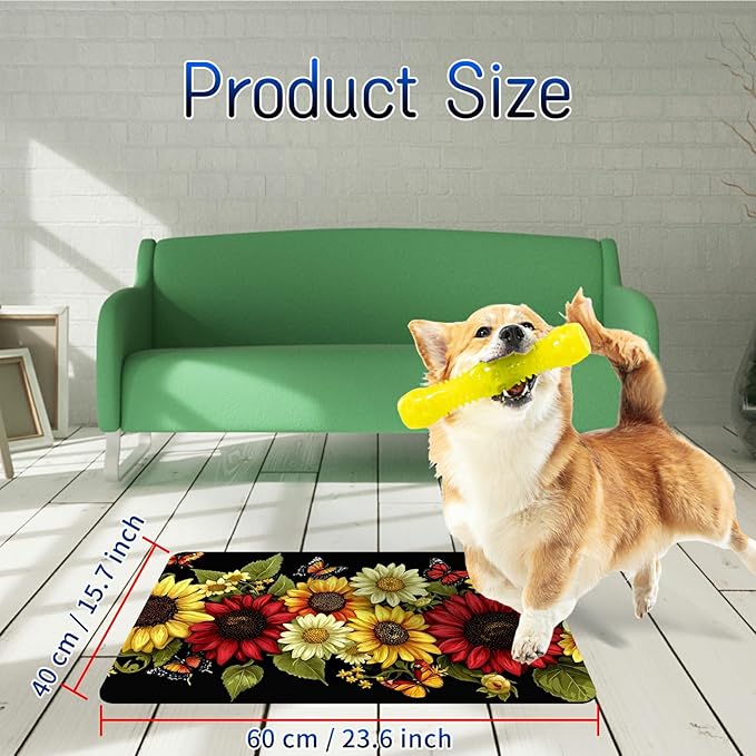 Dog Food Mat, 15.7" x 23.6" Absorbent Pet Feeding Mat for Food and Water, Waterproof Diatom Mud Pet Placemat with Non-Slip Rubber Backing, Easy Clean Cat Bowl Mat for Floors - Sunflower Red