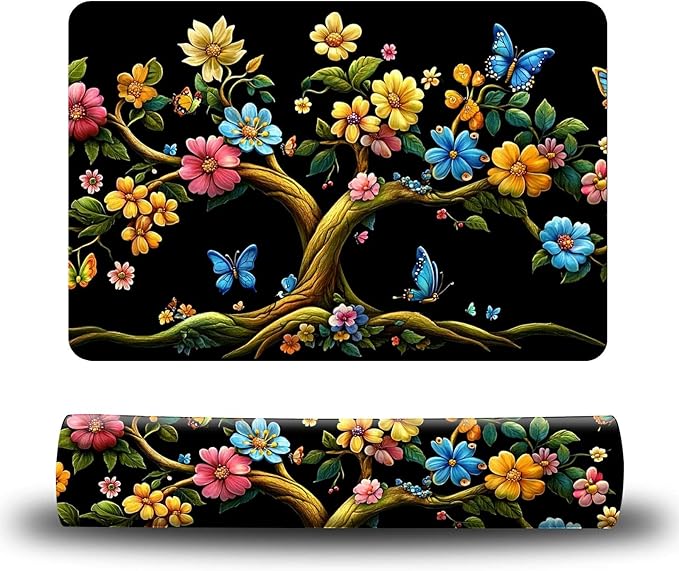 Dog Food Mat, 19.6" x 23.6" Absorbent Pet Feeding Mat for Food and Water, Waterproof Diatom Mud Pet Placemat with Non-Slip Rubber Backing, Cat Bowl Mat for Floors - Black Flower Tree