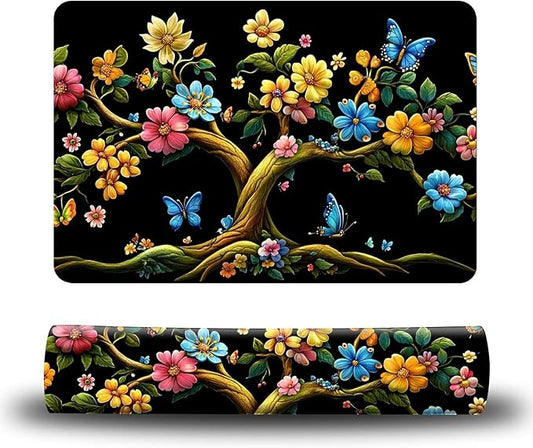 Dog Food Mat, 19.6" x 23.6" Absorbent Pet Feeding Mat for Food and Water, Waterproof Diatom Mud Pet Placemat with Non-Slip Rubber Backing, Cat Bowl Mat for Floors - Black Flower Tree