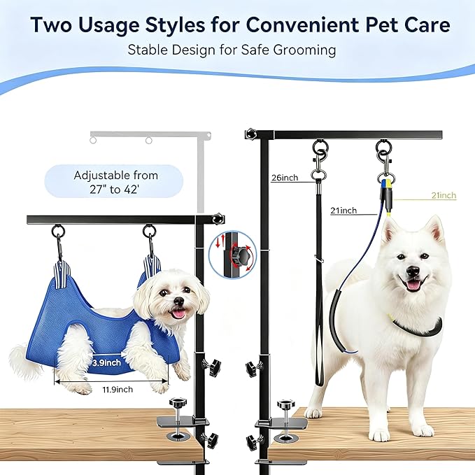 Dog Grooming Arm with Pet Grooming Hammock, 27”-42” Adjustable Grooming Stand with No Sit Haunch Holders and Loop Noose, Grooming Restraint for Small and Medium at Home or Salon