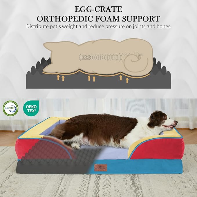 Comfort Expression Orthopedic Dog Bed for Large Dogs 36x27 Inch, Waterproof Egg Crate Foam Large Pet Bed with Bolsters, Dog Couch with Washable Cover & Non-Slip Bottom, Funfetti Fiesta