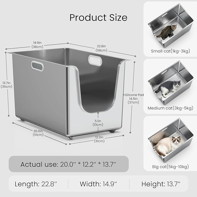 Stainless Steel Litter Box 13.7'' High Sides, XL Metal Cat Litter Box with Curved Low Entry, Cat Litter Pan for Big & Multiple Cats, Pet Toilet with Handy Wheels for Easy Moving