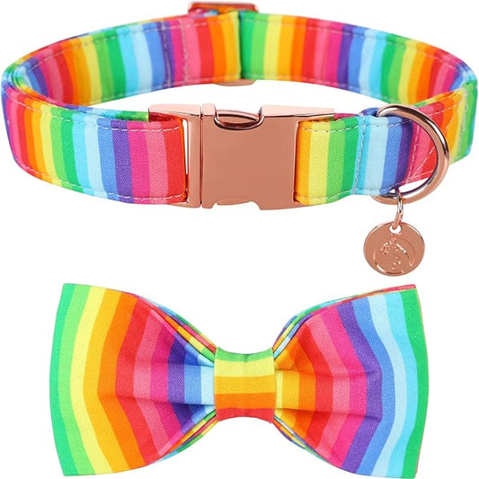 DOGWONG Rainbow Dog Collar with Pretty Bow Tie for LGBT Pride Month - Adjustable and Comfortable Collar for Large Medium Small Dog,M