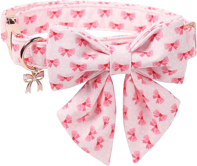 DOGWONG Valentine Dog Collar with Bow, Metal Buckle Adjustable Pink Bowtie Cute Girl Dogs Collars Pet Valentine Collars for Small Dogs, S