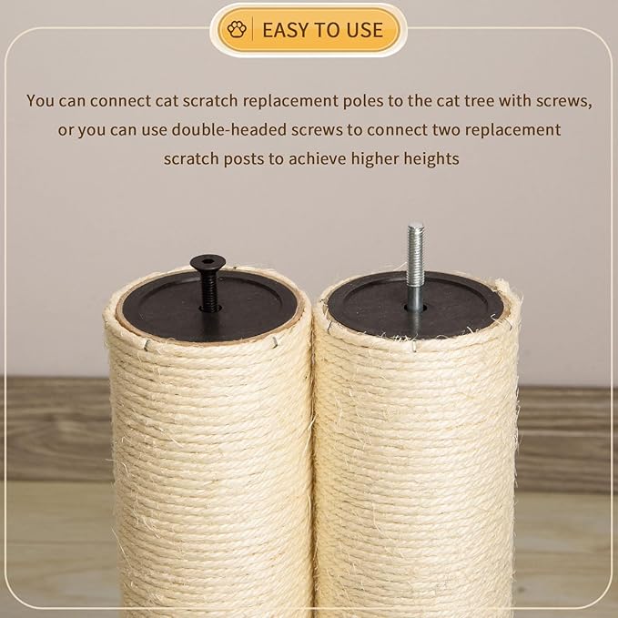 2 Root Cat Scratching Post Replacement 13.78x3.54 Cat Tree Scratch Post Replacement Natural Sisal Pole Cat Scratch Post Refill Pole Part with M8 Screws for Kitten Tree Tower Cat Furniture Accessories