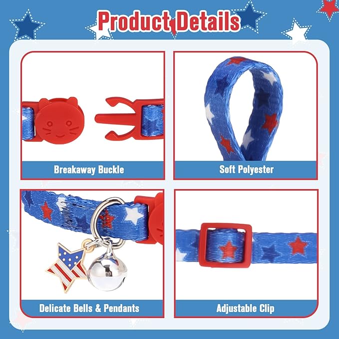 PUPTECK Cat Collar Breakaway with Bells, Kitten Collar Outfit Adjustable for Girl Boy Small Pet Puppy Bunny, Cute Costume Accessory with Safety Release Buckle (American Flag)