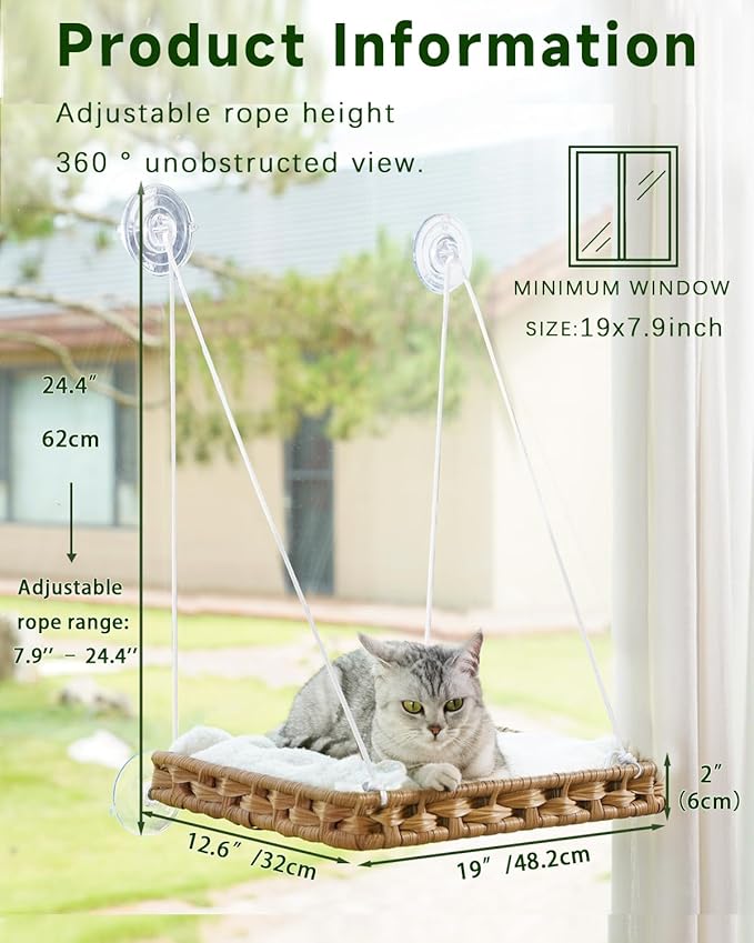 SETVSON Cat Window Perch 2-in-1 Cat Window Hammock Bed & Wall Shelves, Large Handwoven PE Rattan Kitty Seat, 4 Suction Cups,Double Sided Washable Cushion Bed, 2.3 Inch Fence Shelf, Pet Kittens Natural