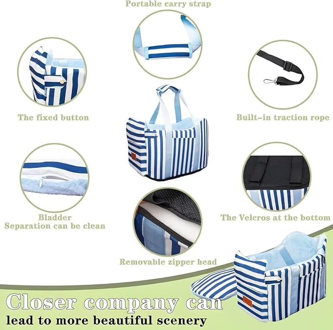 Console Dog Car Seat - Portable Dogs Armrest Booster Seat for Small Dog, Anti-Collapse Pet Car Seat with Soft Cushion Safety Belt, Support Pet Up to 15lbs (Blue& White Stripes)