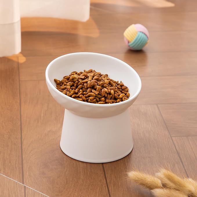 Ceramic Raised Cat Bowls - Elevated Tilted Cat Food and Water Bowls, Anti Vomiting and Protect Pets' Spines Pet Feeding Dish for Cats, Dishwasher Microwave Safe (1 x Bowl - White)