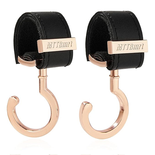 2 Pack Stroller Hooks,Strong Synthetic Leather Hook-and-Loop Fastener&High-Quality Metal Hooks,Universal Bag Clip|360° Rotation, 66lb Capacity,Non-Slip-Fits Wheelchair(Black-Rose Gold)