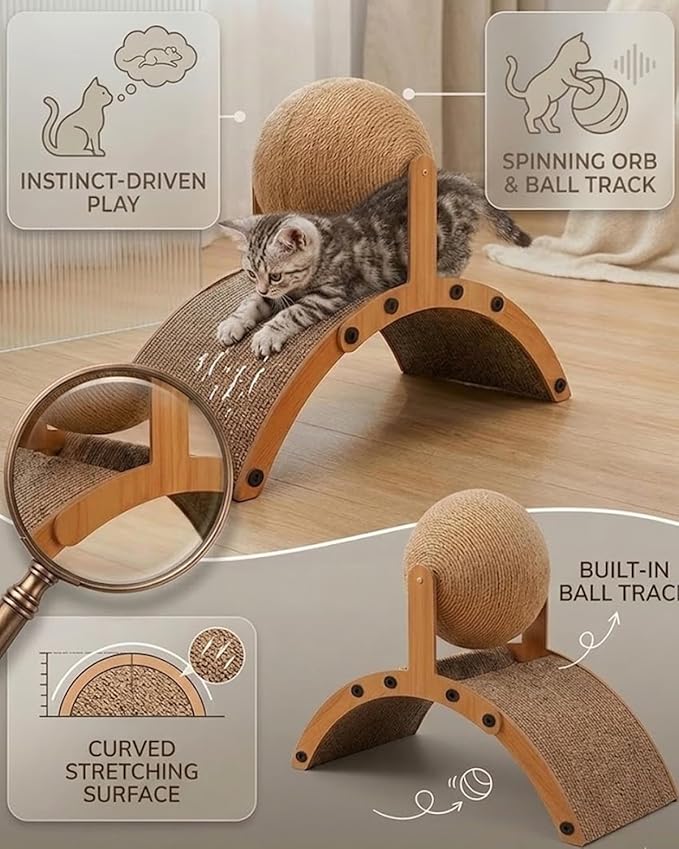 Wobble Ball Cat Scratcher, Cat Scratching Ball on Stand, 2-in-1 Interactive Cat Scratcher with 360° Rotating Sisal Ball & Arch Bridge, Solid Wood for Indoor Cat Kittens - Protects Furniture & Rugs (S)