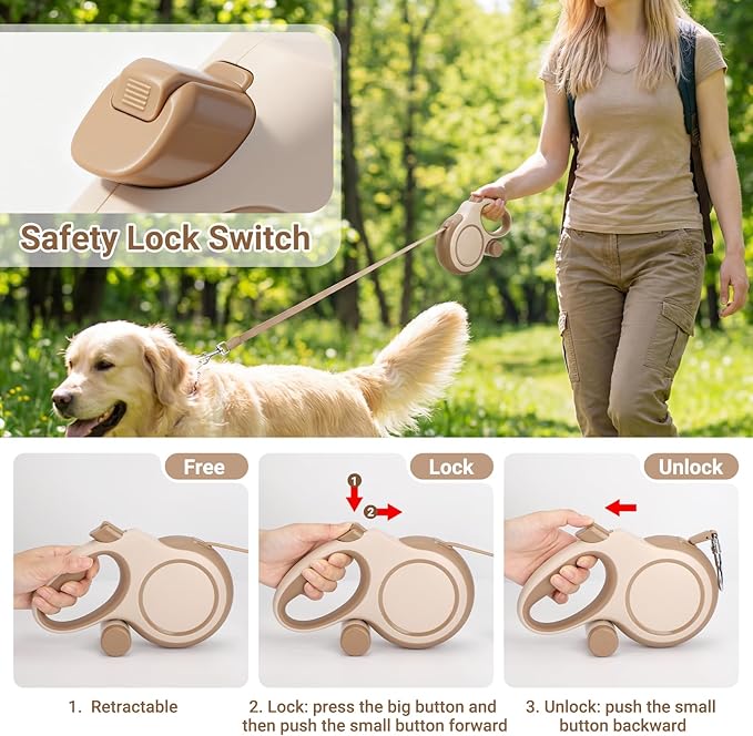 Segarty 26 Ft Walking Lead with Poop Bag Holder for Pet 66 lbs - 110 lbs, 360°Tangle-Free 8m Long Retractable Leash with Anti-Slip Handle One-Handed Brake Pause Lock, Heavy-Duty Leash for Dogs Outside