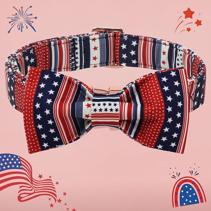 American Flag 4 of July Dog Bow Collar, Independence Day Adjustable Patriotic Dog Collar with Bowtie for Small Dogs,XS