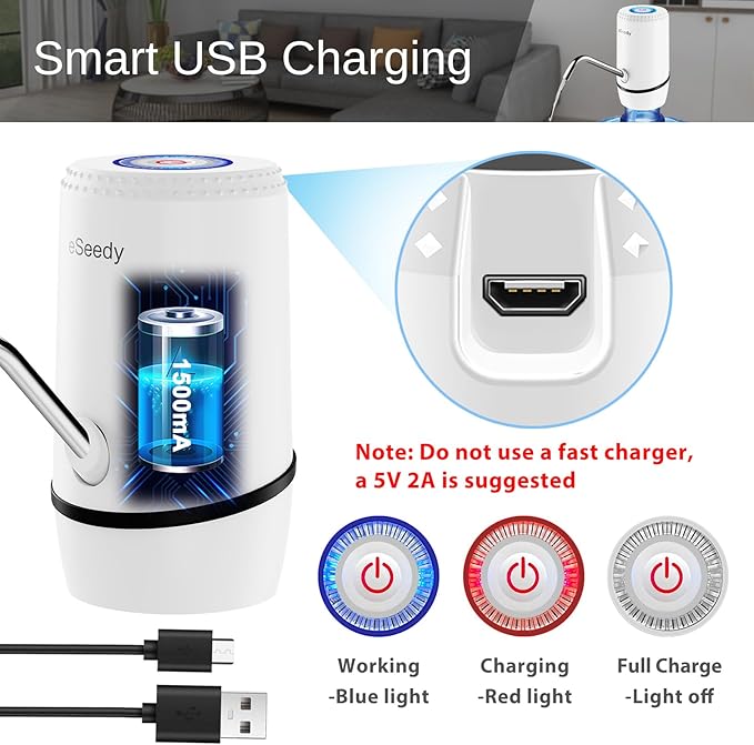 Water Pump for 5 Gallon Bottle, USB Charging Automatic Water Dispenser with Rechargeable Battery, Portable Electric Drinking Water Jug Pump for Home, Kitchen, Living Room, Office, Camping - White
