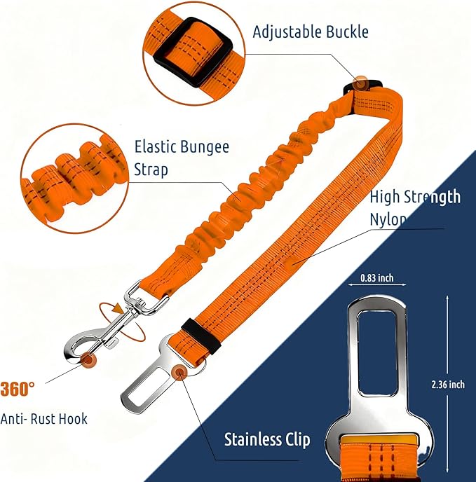Dog Seat Belt for Car, Adjustable Dog Car Harness, Reflective Dog Seatbelt Leash with Elastic Bungee Buffer, Durable Nylon Pet Safety Dog Seat Belt for All Dog Sizes (Orange)