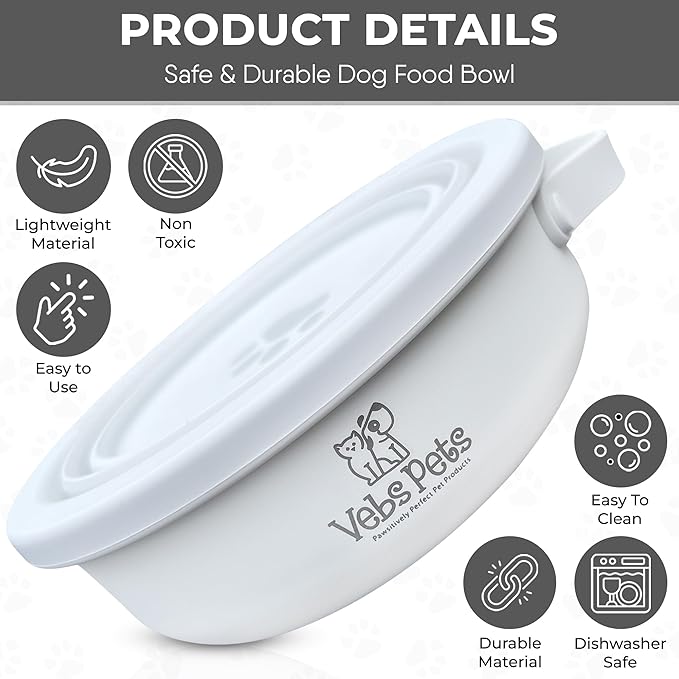 Vebs Pets- Stainless Steel Dog Bowl 30 oz, W/Collapsible Bowl Lid 20 oz W/Handle, Leak Proof, Non Slip, Food & Water Pet Bowls for Dogs & Cats, Medium Dogs, Portable Travel Dog (Vaporous Grey)