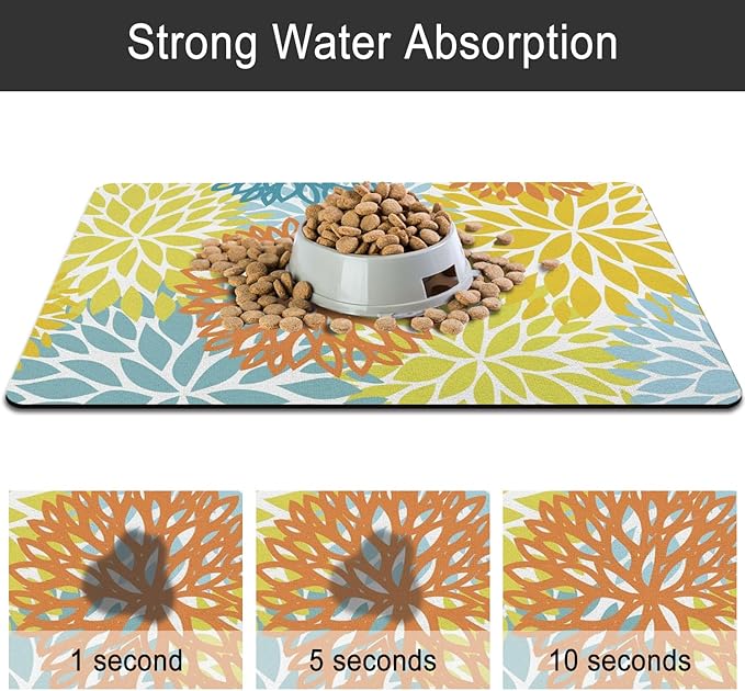 Dog Food Mats for Floors, Absorbent and Quick-Drying Pet Cat Food Mat,Anti-Fouling and Easy-to-Clean Pet Feeding Mat,Dog Bowl Mat for Messy Drinking Water Bowls.16x24, Bohemia Dahlia Floral Style