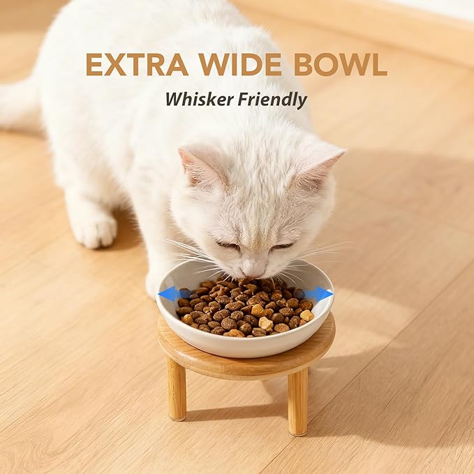 Havniva Elevated Cat Bowls Raised Ceramic Cat Bowl, 5.9” Wide Opening Cat Food Bowl Whisker Friendly Cat Dish Anti-Slip with Bamboo Stand, Shallow Pet Food & Water Bowl for Indoor Cats