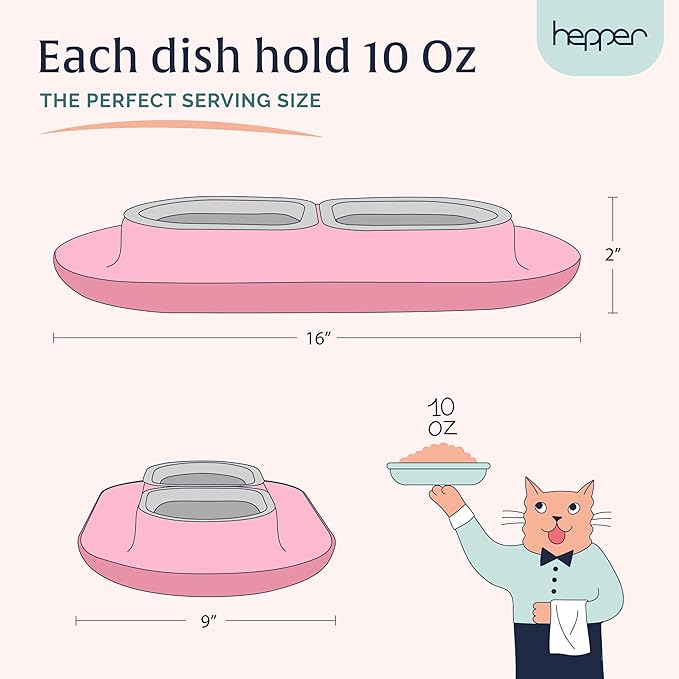 Hepper NomNom - Spill Proof Elevated Cat Bowls for Food and Water - Whisker Relief Bowl + Raised Cat Food Bowls: a Safe Dish for Messy Cats - Stainless Steel Bowl Station (Pink)