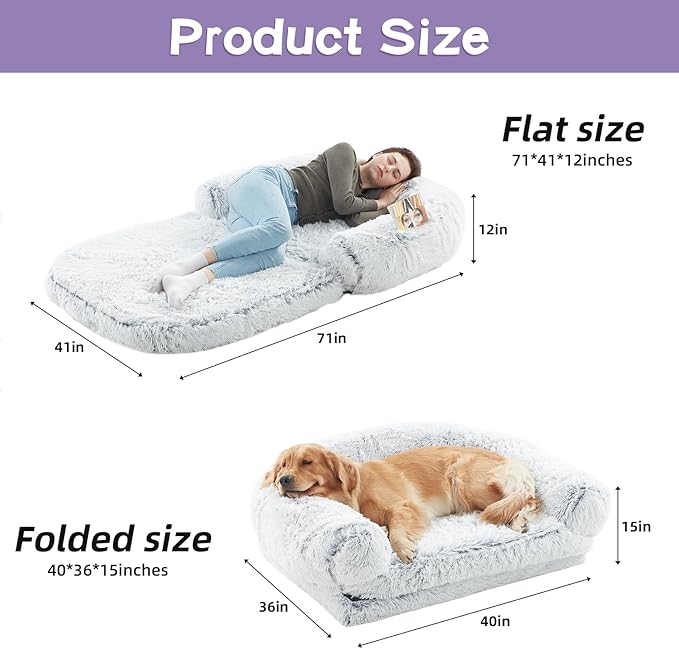 Foldable Human Dog Bed for Adults, Human Sized Dog Bed with Orthopedic Foam, Fluffy Faux Fur Pet Couch with Waterproof Liner, Non-Slip Bottom, Washable Cover, Cozy Floor Lounger - Grey
