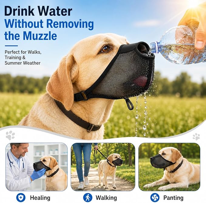 Dog Muzzle, Soft Air Mesh Muzzles for Large Sized Dogs, Breathable Dog Mussels for Scavenging Biting Licking & Barking, Adjustable Mouth Guard with Front Opening, Allows Panting and Drinking (Black,L)