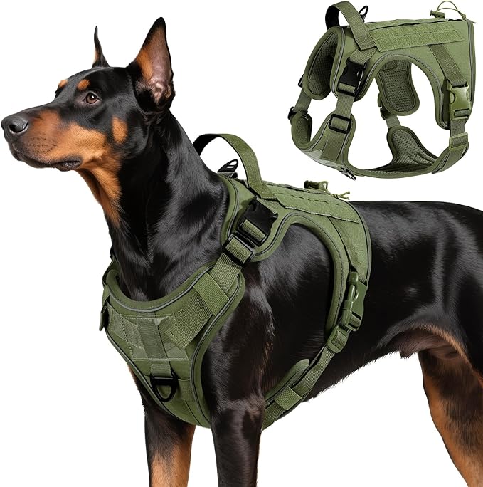 VavoPaw Heavy Duty Tactical Dog Harness for Large Dogs, No Pull Adjustable Pet Harness Reflective Service Training Easy Control Pet Vest Military K9 Working Dog Harnesses, Army Green, L