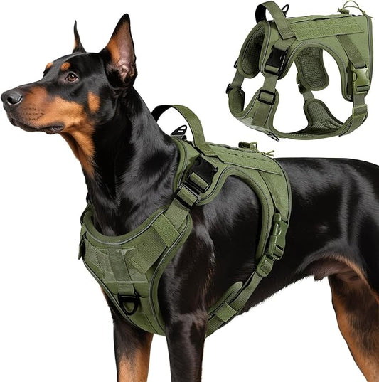 VavoPaw Heavy Duty Tactical Dog Harness for Large Dogs, No Pull Adjustable Pet Harness Reflective Service Training Easy Control Pet Vest Military K9 Working Dog Harnesses, Army Green, L