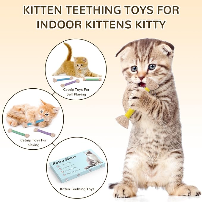 Retro Shaw 6Pcs Cat Chew Ropes with Refillable Natural Catnip,Safe Teeth Cleaning Toy for Indoor Kittens and Cats, Quiet Interactive Kicker String Toys