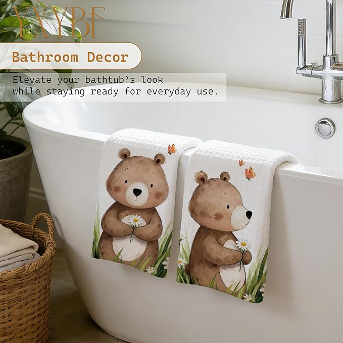 Spring Floral Bear Hand Towels for Kids Bathroom Washroom Decor 16x24 Inches, Gifts for Bear Lovers, Cute Forest Animal Kids Bathroom Towels Decorative, Set of 2