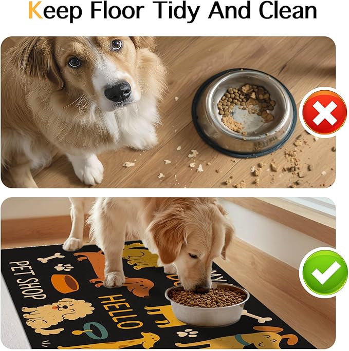 HOMETITUTE Cute Happy Dog Pattern Design Pet Food Mat 20" x 12" Fun Easy Clean Pet Feeding Mat Absorbent Cat Bowl Mat Non Slip Dog Foods Mats Pets Placemat for Dogs and Cat Feeding