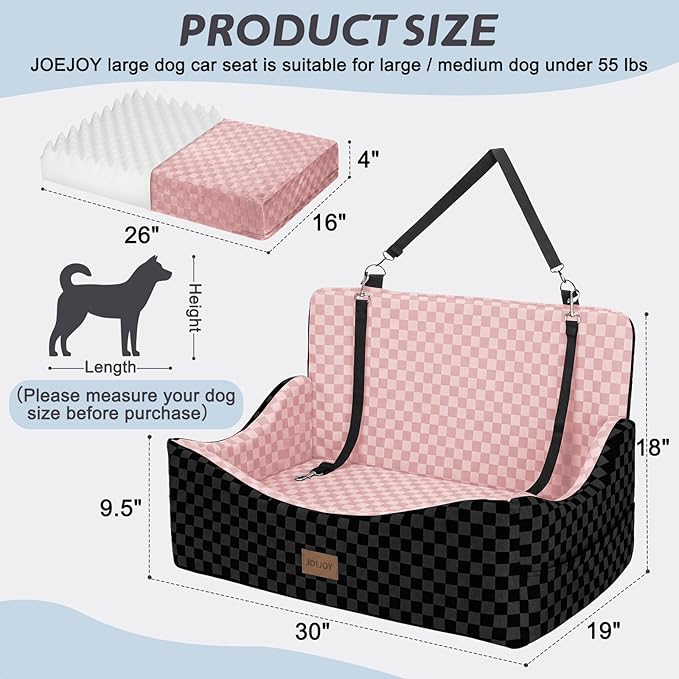 JOEJOY Dog Car Seat for Medium/Large Dogs - Reversible Dual-Sided Travel Dog Car Bed with Memory Foam, Washable Pet Booster Seat for Do gs up to 55 lbs or 2 Small Dogs, 2 Safety Leashes, Pink