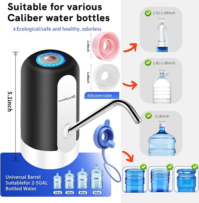 Water Dispenser for 5 Gallon Bottle, USB-C Electric Water Pump for 5 Gallon Jugs and Bottles, Portable Automatic Drinking Water Dispenser for Camping, Travel, Black