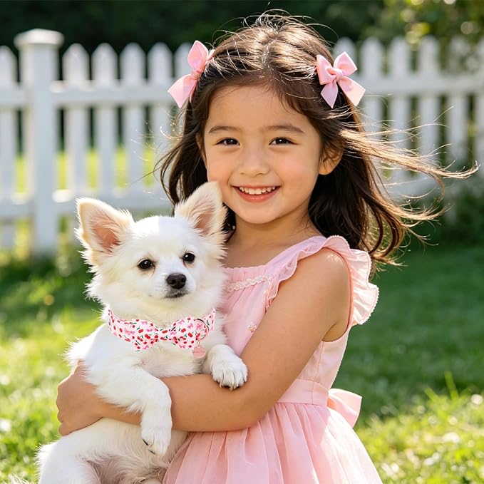 Spring and Summer Dog Collar with Bow Tie, Spring Cherry Bowtie Collar for Girl Boy Dog with Metal Buckle, Pink Bow Collar for Dogs, XS