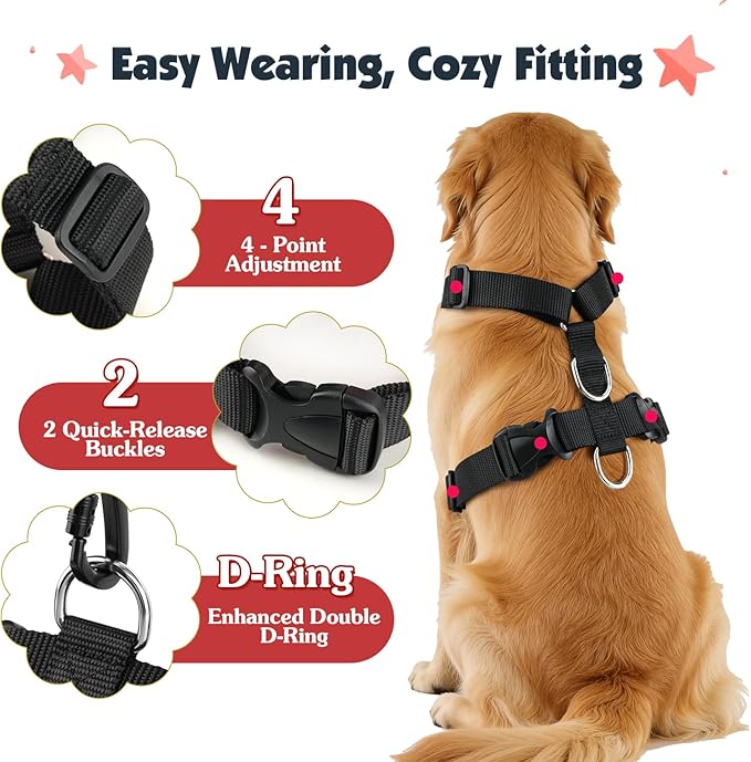 Pawaboo Dog Seat Belt Harness for Car, Dog Car Harness Seatbelt with Double Clips, Adjustable Breathable Pet Vest & Dogs Safety Tether with Elastic Bungee for Small Medium Large Pet, M, Red+Black