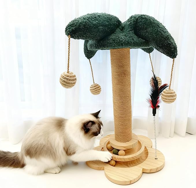 Cat Scratching Post, Sisal Cat Scratcher Posts with Interactive Trackball Toys for Indoor Cats, 19.6" Tall Scratch Tree Tower for Kitten, Flower Base