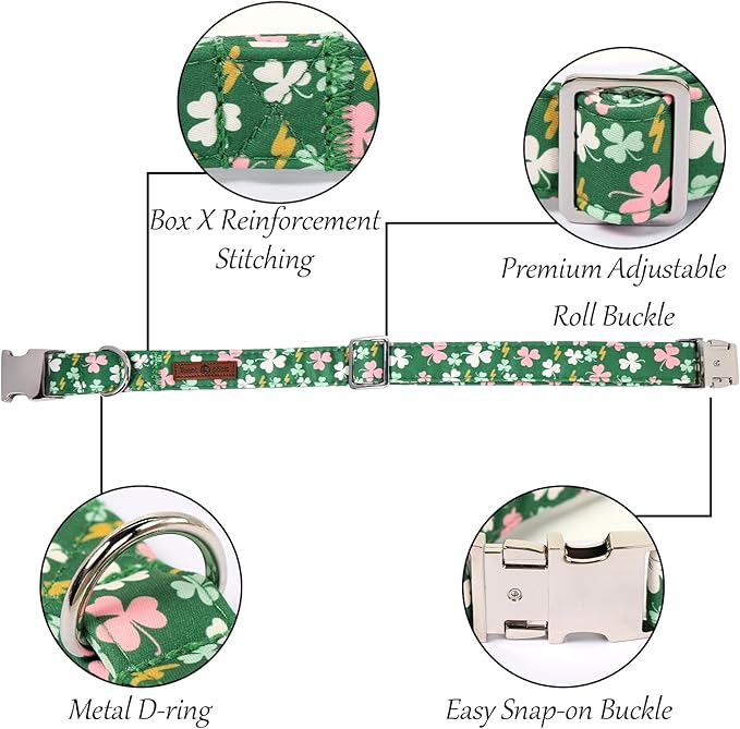 Lionet Paws St. Patrick Dog Collars with Bow tie,Cute Pink Clover Green Dog Collar Bow Tie for Dogs Female, Medium, Neck 13.5-22 inches