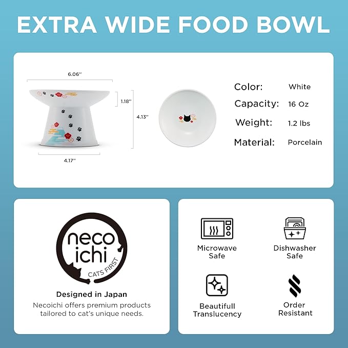 Necoichi Elevated Cat Food Bowl, Ceramic (Porcelain), Whisker-Friendly, Dishwasher & Microwave Safe, Non-Slip Silicone Base, Anti-Vomiting & Neck Fatigue (Fuji, Extra Wide, 2-Cups Capacity).