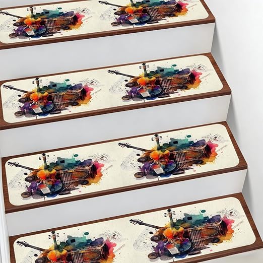 Colorful Musical Instrument Violin Stair Treads for Wooden Steps Indoor Washable Staircase Carpet 1PCS 30"x7.8" Stair Step Treads Non-Slip Staircase Covers Peel Stick Safety Mat for Kids Elders Pets