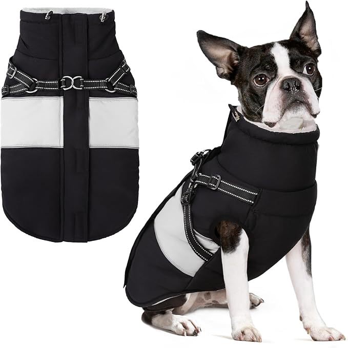 Small Dog Coat with Harness Built in, Warm Dog Jacket Winter with Zipper On Back, Waterproof Pet Snow Jacket Snowsuit Pet Sweater Clothes for Puppy, Black XS